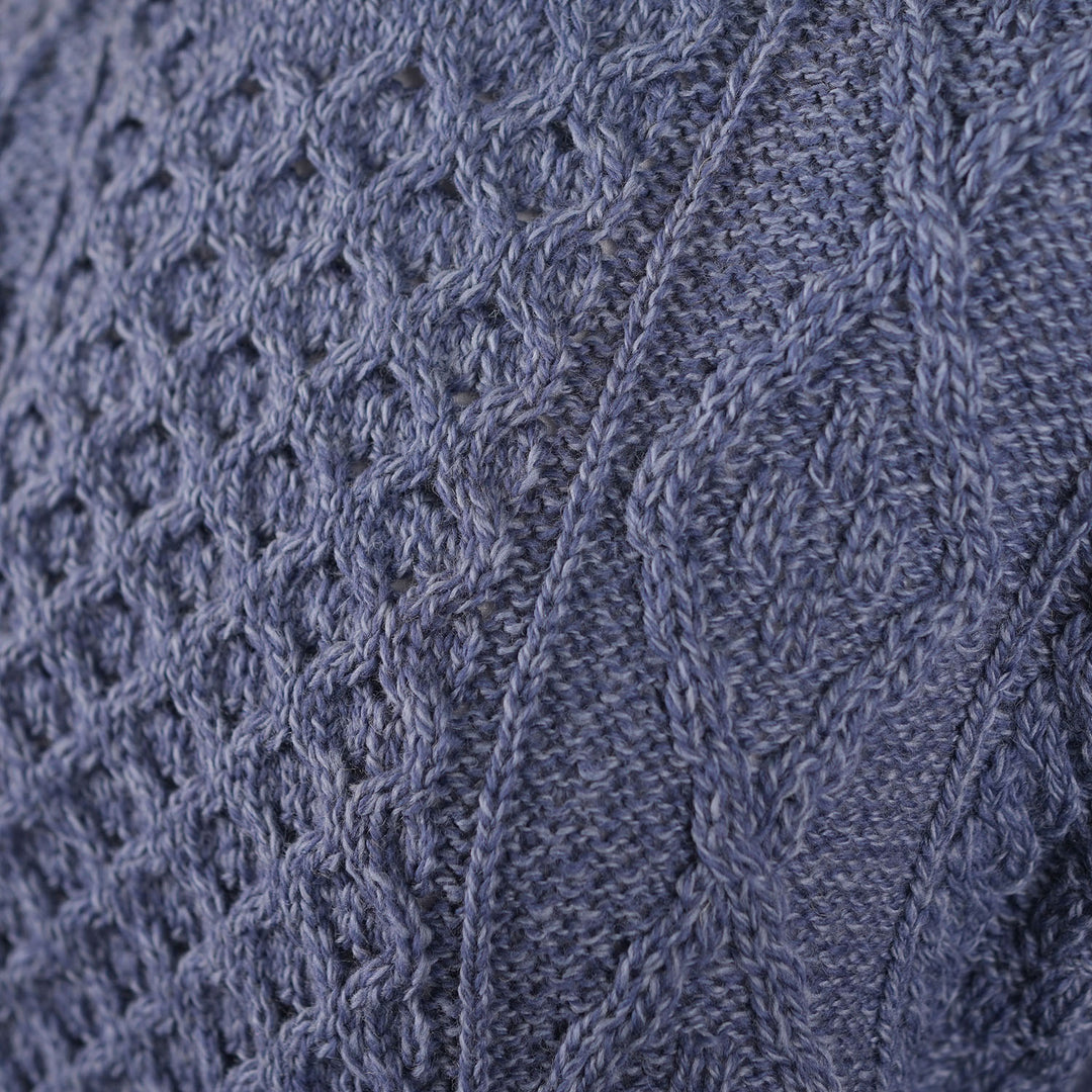 Unisex  Blue 100% Wool Aran Cable Knit Crew Neck Jumper – Made in Ireland | Denim