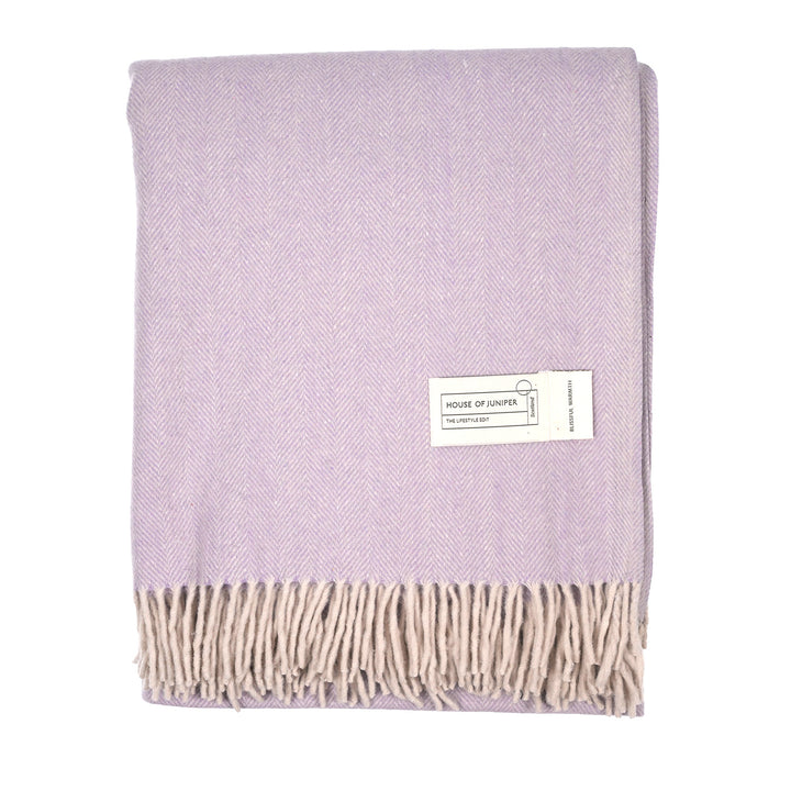 Recycled Wool Herringbone Blanket with Fringe - Soft Warm Throw - HEATHER