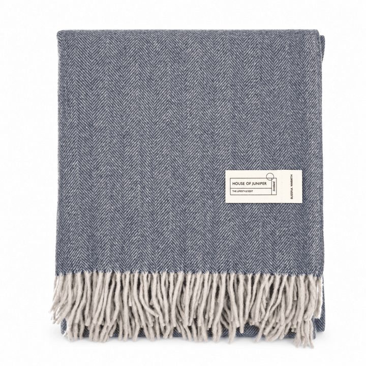 Recycled Wool Herringbone Blanket with Fringe - Soft Warm Throw - DENIM
