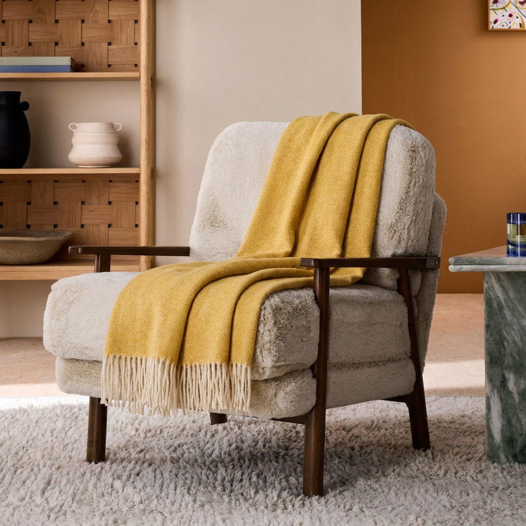 Highland Herringbone Wool Blend Throw Blanket with Tasselled Fringe - MUSTARD
