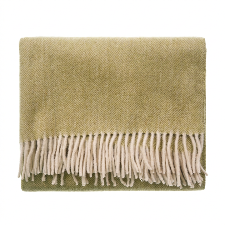 Recycled Wool Herringbone Knee Blanket – Pastel Fringed Throw - GREEN