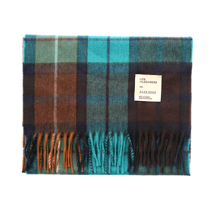 Balmoral 100% Cashmere Woven Scarf Tartan and Checks - Made in Scotland - BUCHANAN TEAL