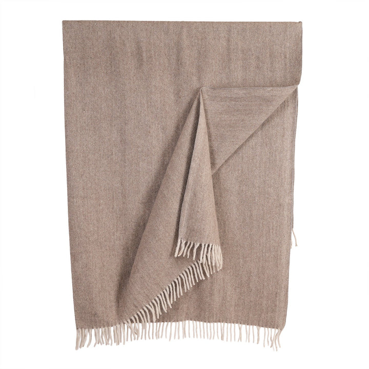 Recycled Wool Herringbone Blanket with Fringe - Soft Warm Throw - TAUPE