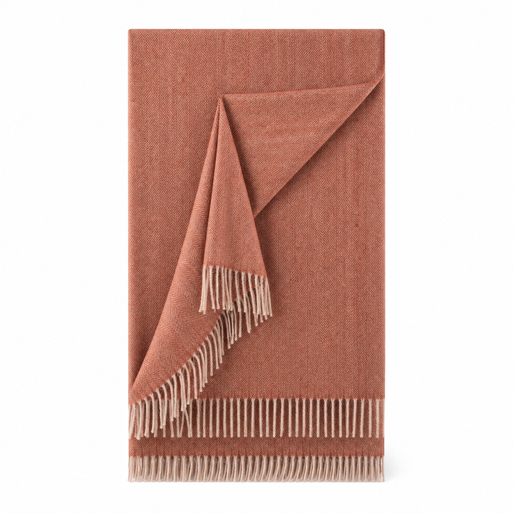 Recycled Wool Herringbone Blanket with Fringe - Soft Warm Throw - SPICE