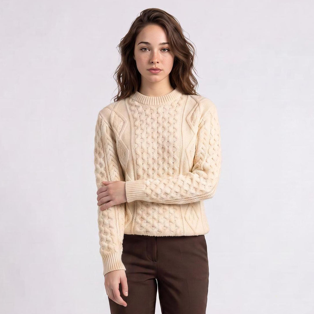 Unisex  Blue 100% Wool Aran Cable Knit Crew Neck Jumper – Made in Ireland | Aran