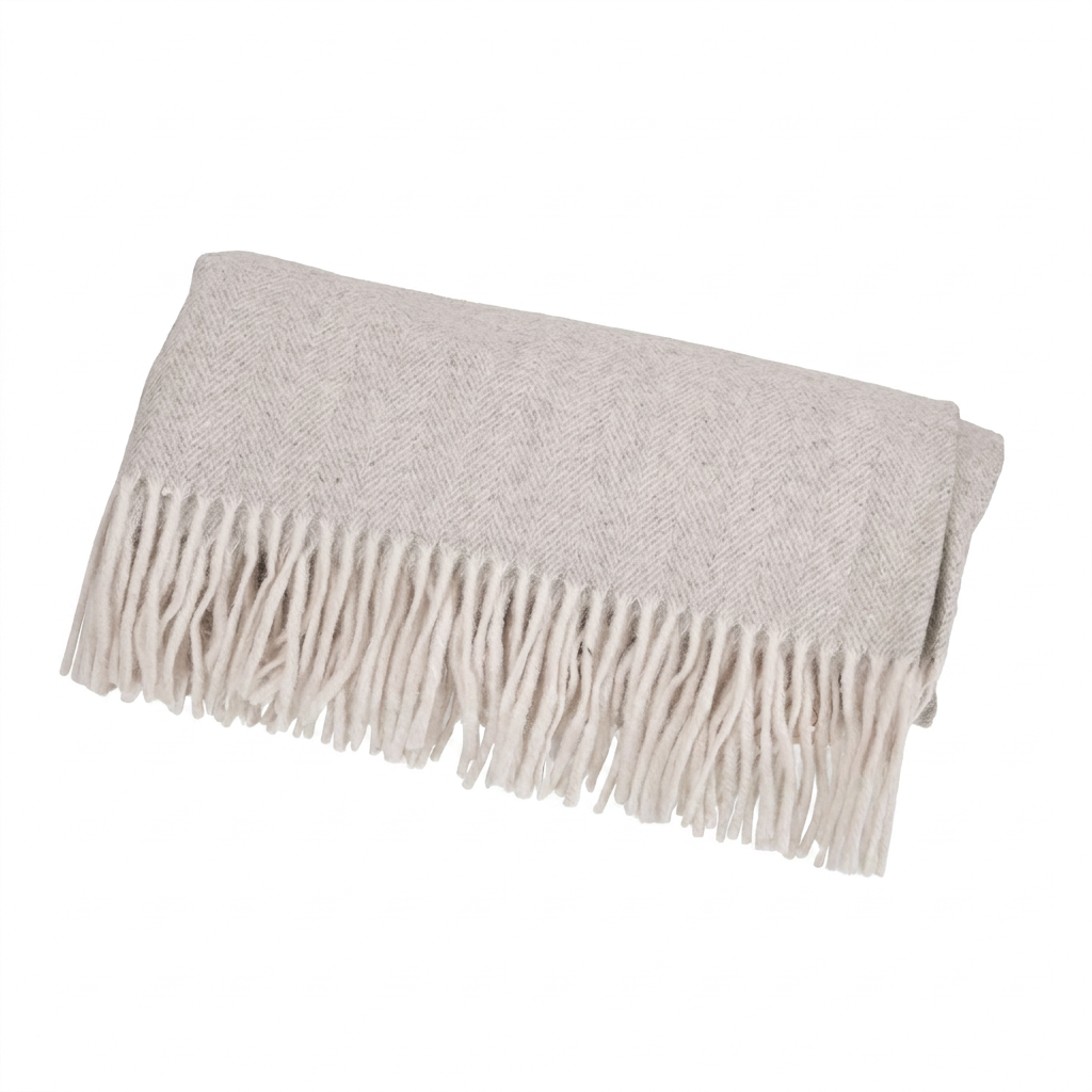 Highland Herringbone Wool Blend Throw Blanket with Tasselled Fringe - GREY MEDIUM