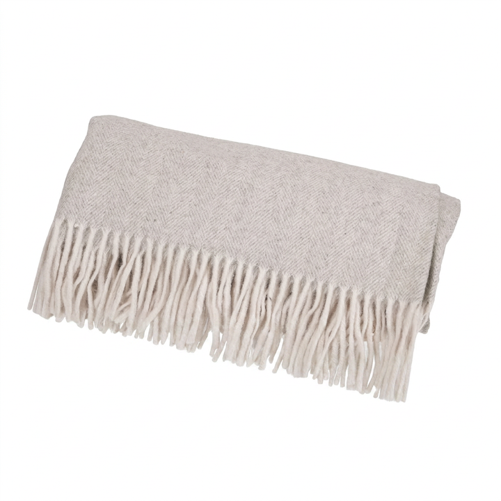 Highland Herringbone Wool Blend Throw Blanket with Tasselled Fringe - GREY MEDIUM