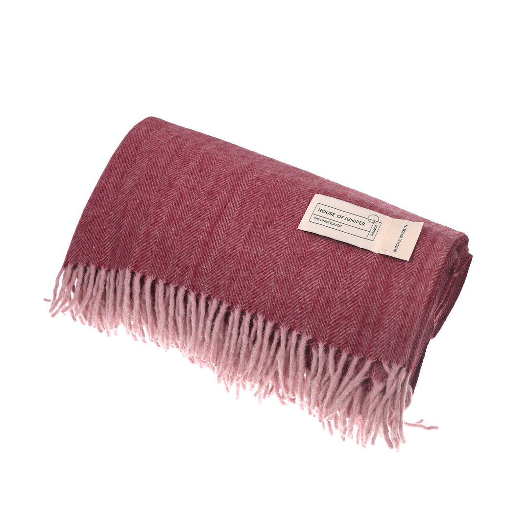 Recycled Wool Herringbone Blanket with Fringe - Soft Warm Throw - EMINENCE