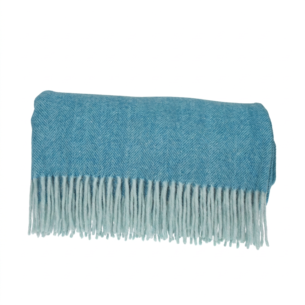 Highland Herringbone Wool Blend Throw Blanket with Tasselled Fringe - TURQUOISE