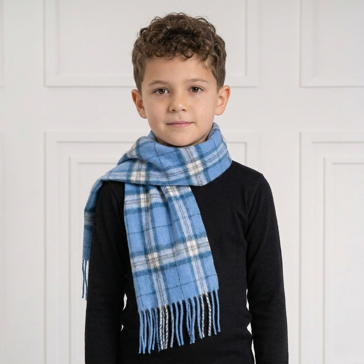 Kids 100% Lambswool Tartan Mini Scarf – Soft Children’s Wool Scarf - THOMSON PALE BLUE