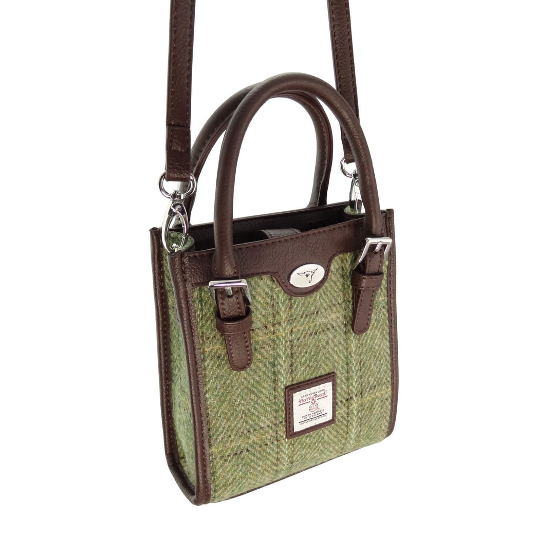 Harris Tweed Keltie Tall Mini Tote Bag - Wool Crossbody Tote - Green Herringbone with Overcheck (COL153)