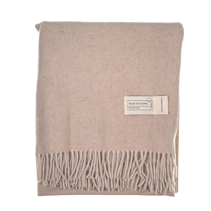 Recycled Wool Herringbone Blanket with Fringe - Soft Warm Throw - OATMEAL