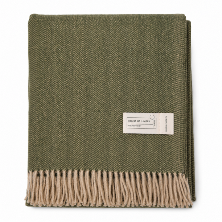 Recycled Wool Herringbone Blanket with Fringe - Soft Warm Throw - OLIVE