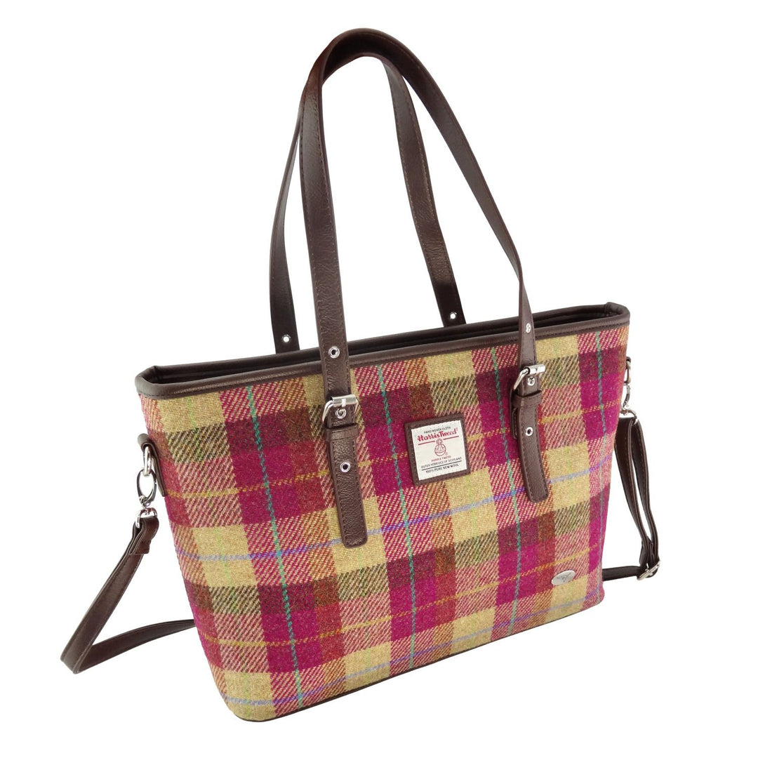 Harris Tweed Spey Tote Bag - Large Adjustable Shoulder Tote - Burgundy &amp; Sand Tartan (COL159)
