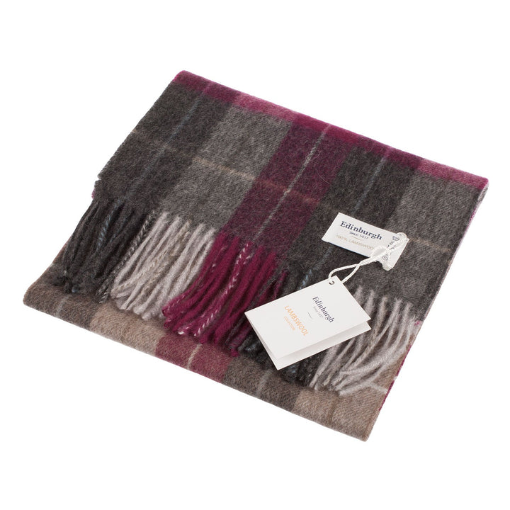 Edinburgh 100% Lambswool Scarf  Multi Windowpane - Khaki/Grey/Plum