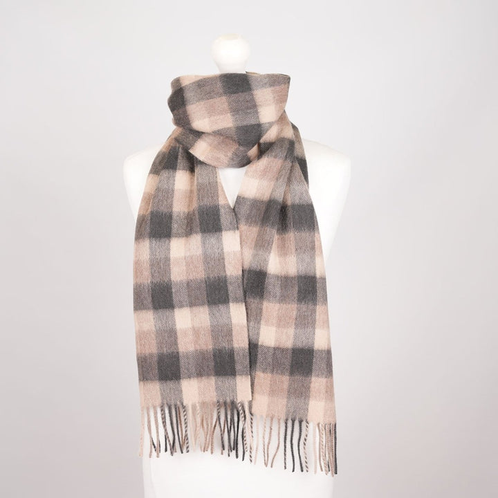 Edinburgh 100% Lambswool Scarf – Premium Soft Wool Wrap - BIG CHECK NATURAL BROWN