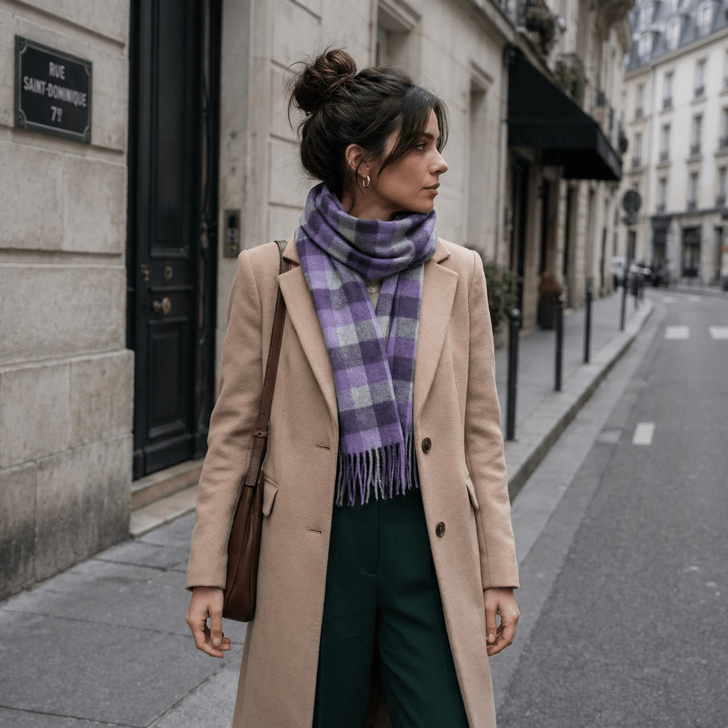 Edinburgh 100% Lambswool Scarf – Premium Soft Wool Wrap - BIG CHECK 27570 PURPLE/OYSTER