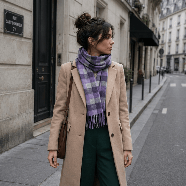Edinburgh 100% Lambswool Scarf – Premium Soft Wool Wrap - BIG CHECK 27570 PURPLE/OYSTER