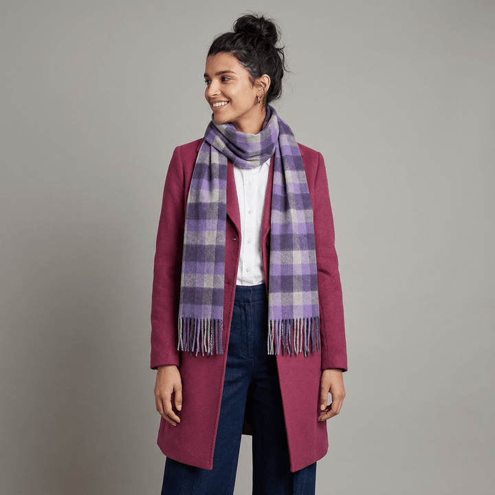 Edinburgh 100% Lambswool Scarf – Premium Soft Wool Wrap - BIG CHECK 27570 PURPLE/OYSTER