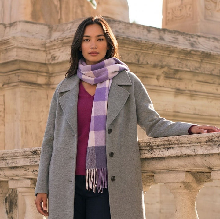 Edinburgh 100% Lambswool Scarf – Premium Soft Wool Wrap - BURSTED CHECK LAVENDER
