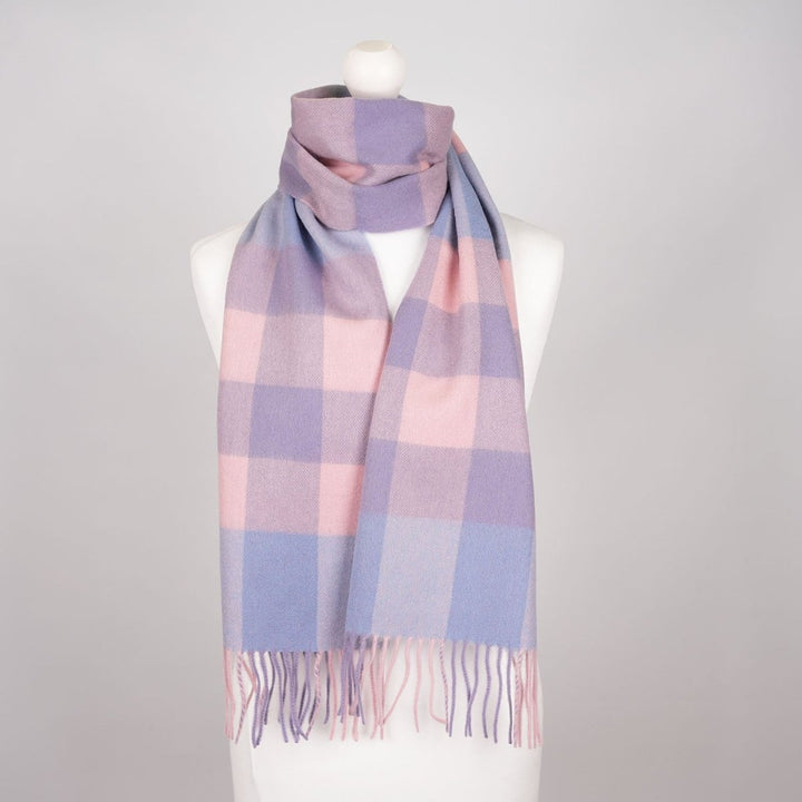 Edinburgh 100% Lambswool Scarf – Premium Soft Wool Wrap - BURSTED CHECK LAVENDER/PINK