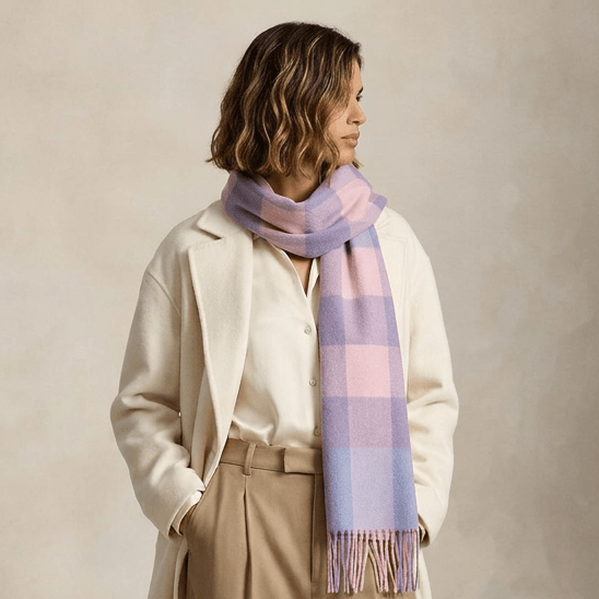 Edinburgh 100% Lambswool Scarf – Premium Soft Wool Wrap - BURSTED CHECK LAVENDER/PINK