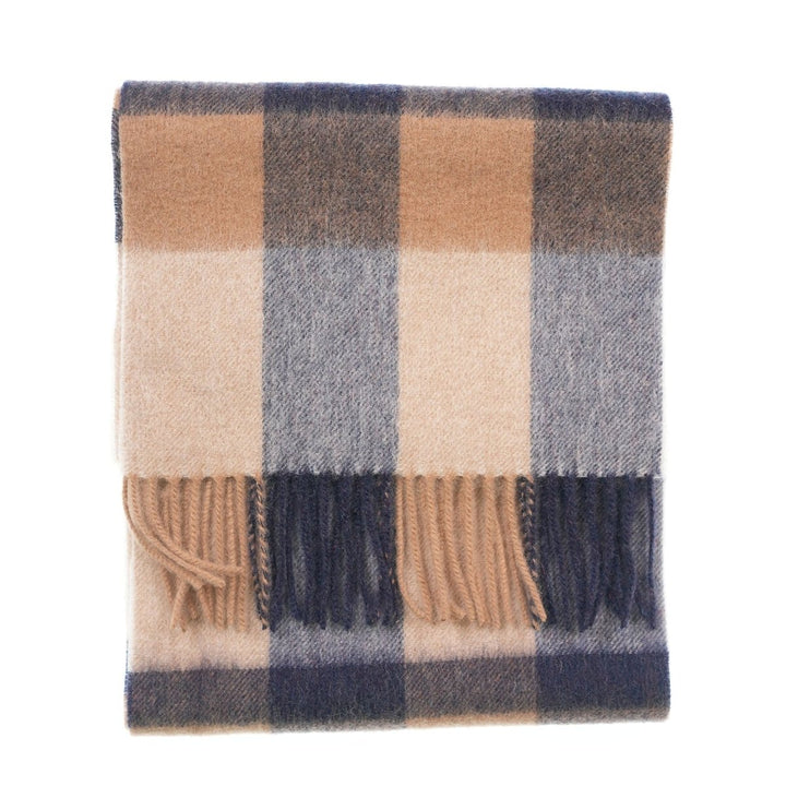 Edinburgh 100% Lambswool Scarf – Premium Soft Wool Wrap - BURSTED CHECK NEUTRAL/NAVY