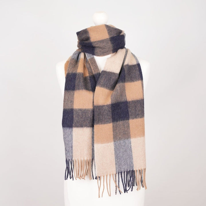 Edinburgh 100% Lambswool Scarf – Premium Soft Wool Wrap - BURSTED CHECK NEUTRAL/NAVY