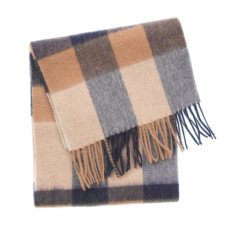 Edinburgh 100% Lambswool Scarf – Premium Soft Wool Wrap - BURSTED CHECK NEUTRAL/NAVY