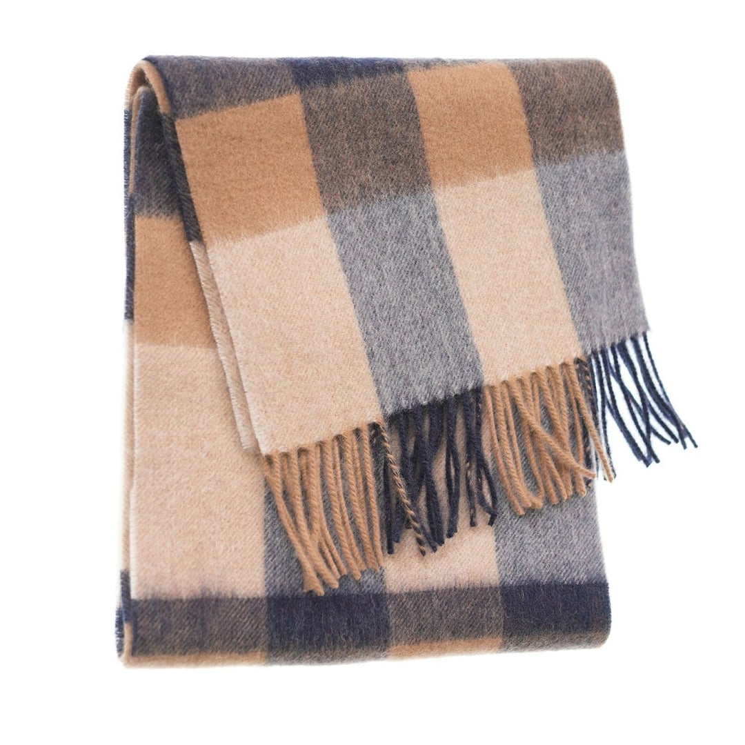 Edinburgh 100% Lambswool Scarf – Premium Soft Wool Wrap - BURSTED CHECK NEUTRAL/NAVY
