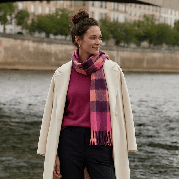 Edinburgh 100% Lambswool Scarf – Premium Soft Wool Wrap - BURSTED CHECK ORANGE/PINK