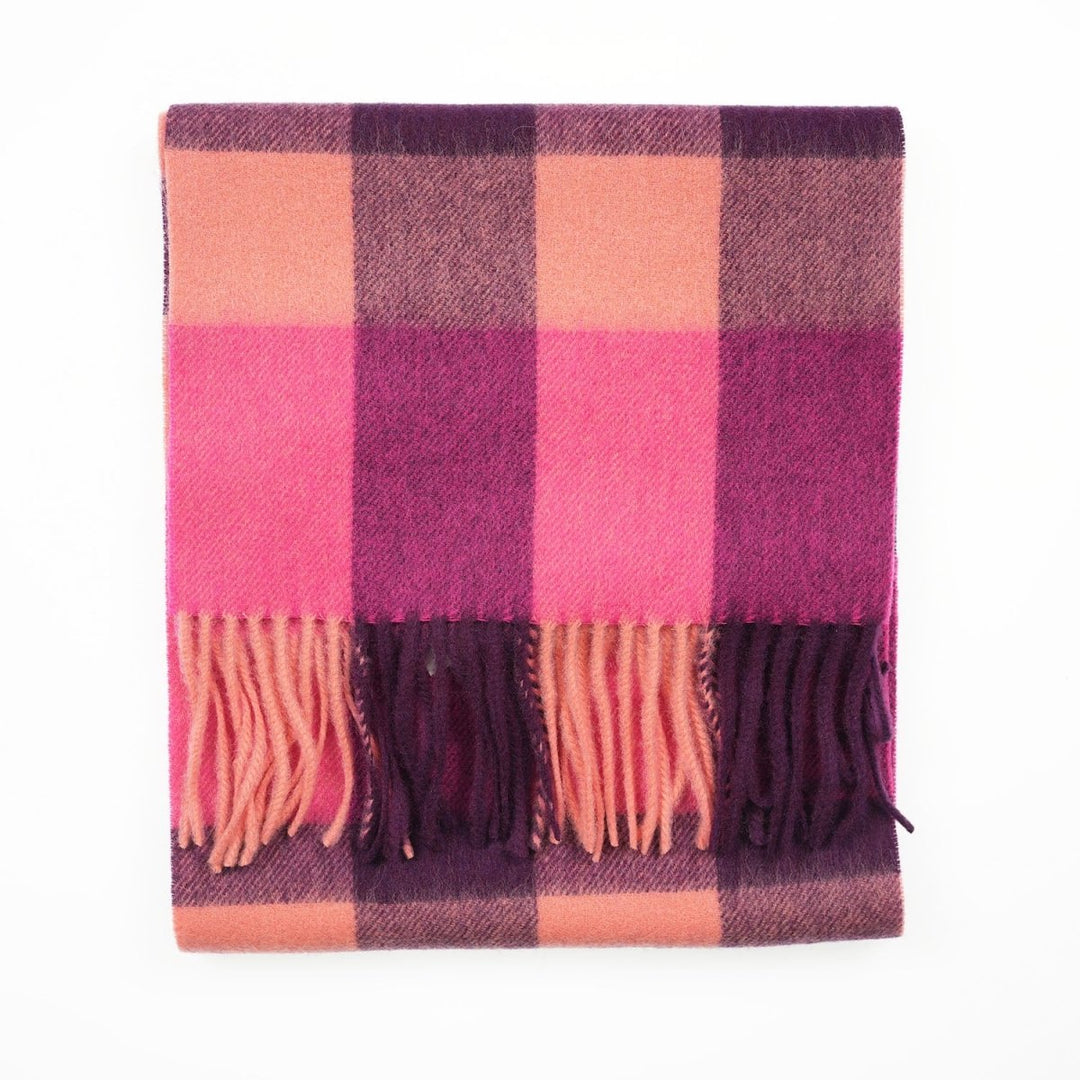 Edinburgh 100% Lambswool Scarf – Premium Soft Wool Wrap - BURSTED CHECK ORANGE/PINK