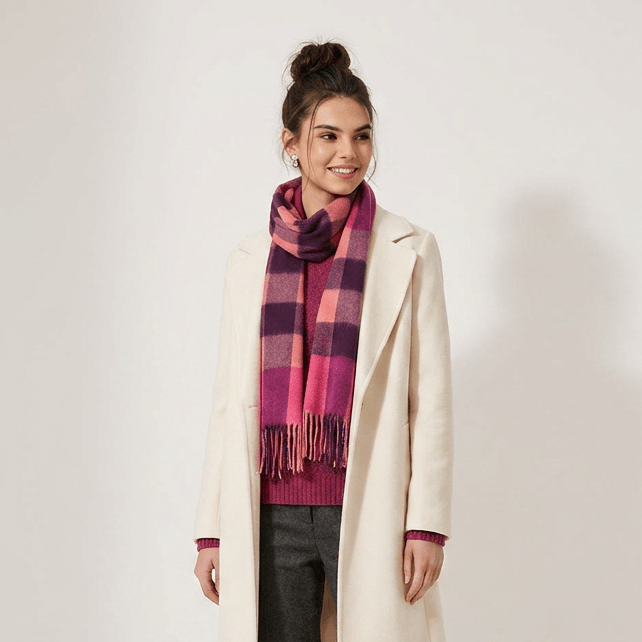 Edinburgh 100% Lambswool Scarf – Premium Soft Wool Wrap - BURSTED CHECK ORANGE/PINK