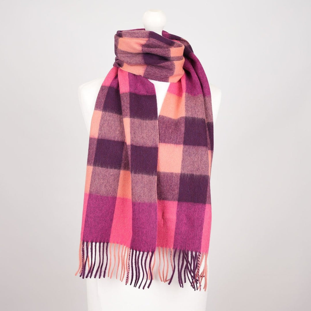 Edinburgh 100% Lambswool Scarf – Premium Soft Wool Wrap - BURSTED CHECK ORANGE/PINK