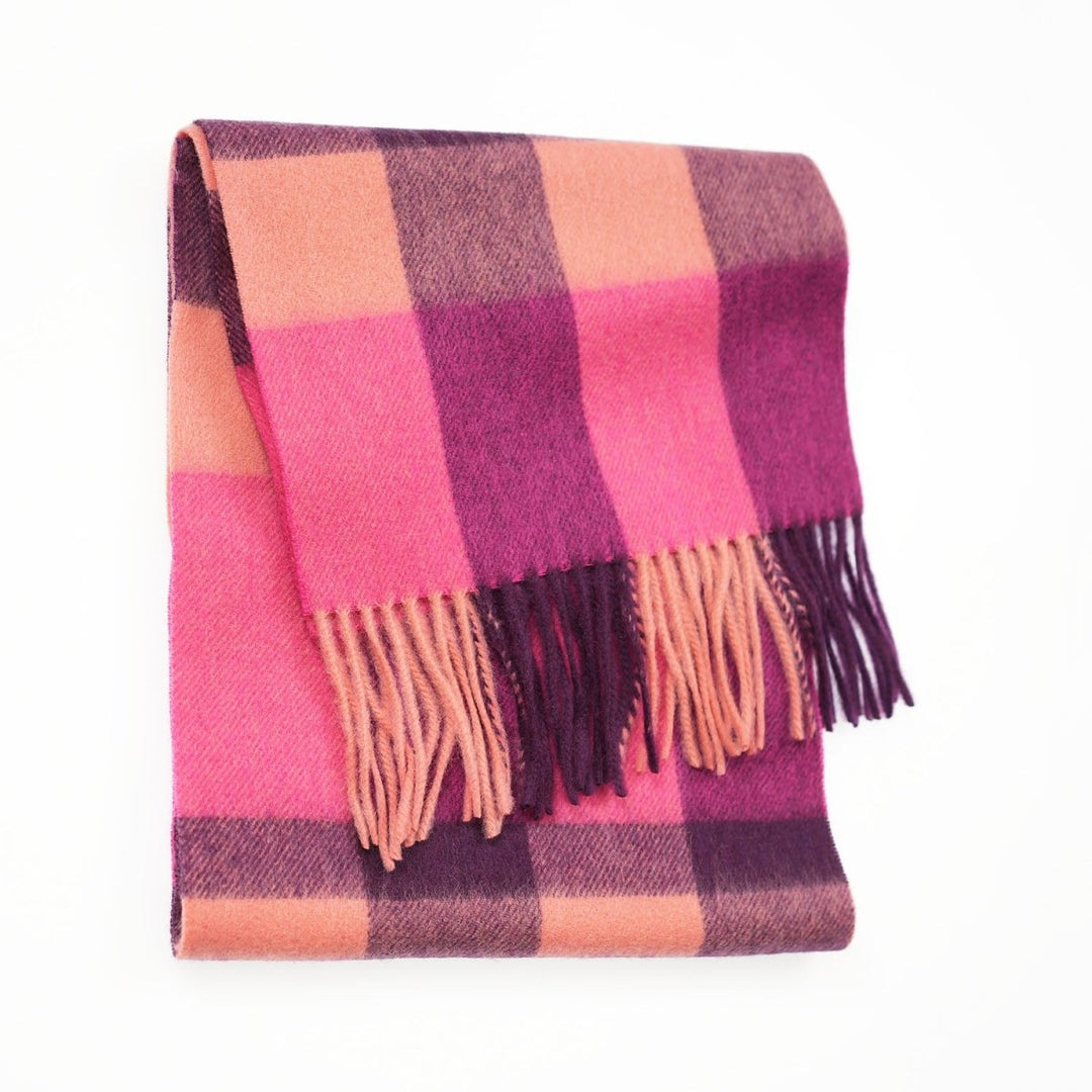Edinburgh 100% Lambswool Scarf – Premium Soft Wool Wrap - BURSTED CHECK ORANGE/PINK