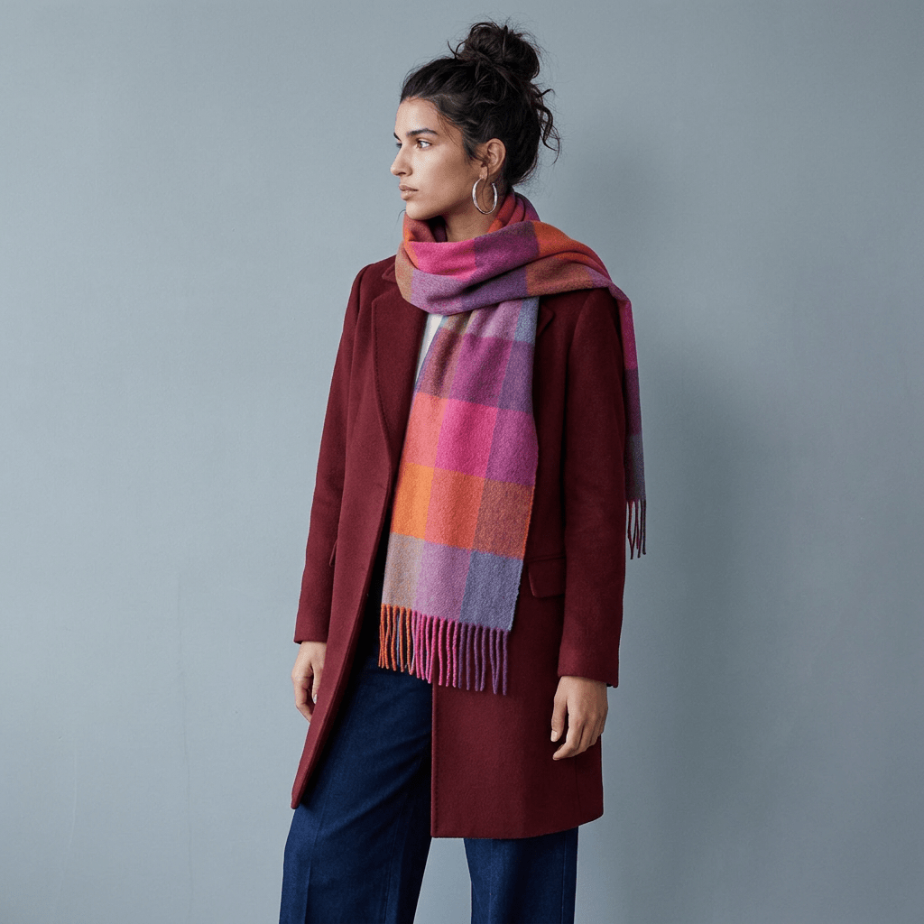 Edinburgh 100% Lambswool Scarf – Premium Soft Wool Wrap - CHECKERS - ORANGE/PINK