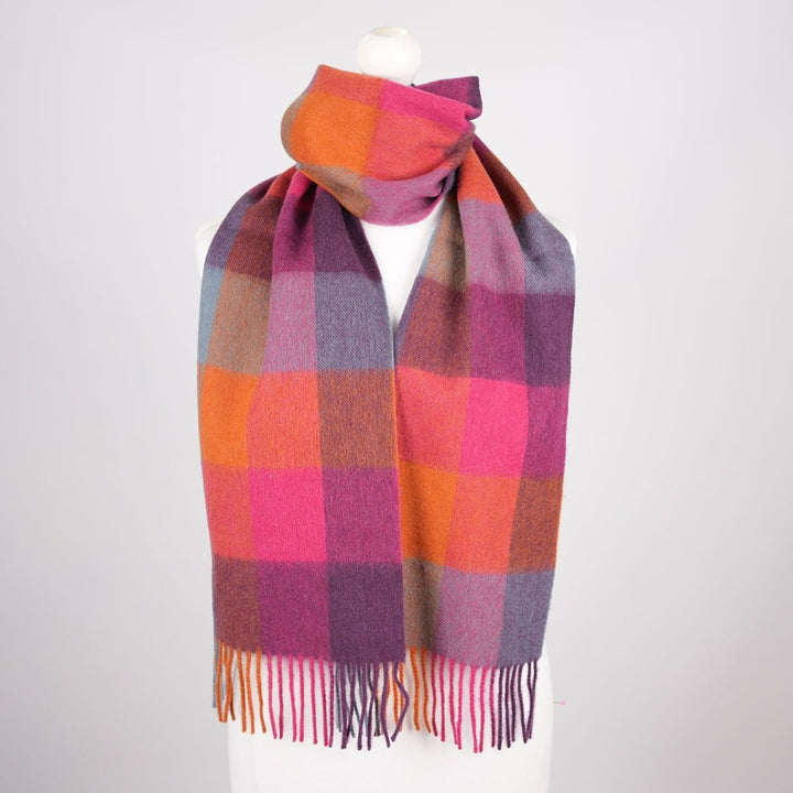 Edinburgh 100% Lambswool Scarf – Premium Soft Wool Wrap - CHECKERS - ORANGE/PINK
