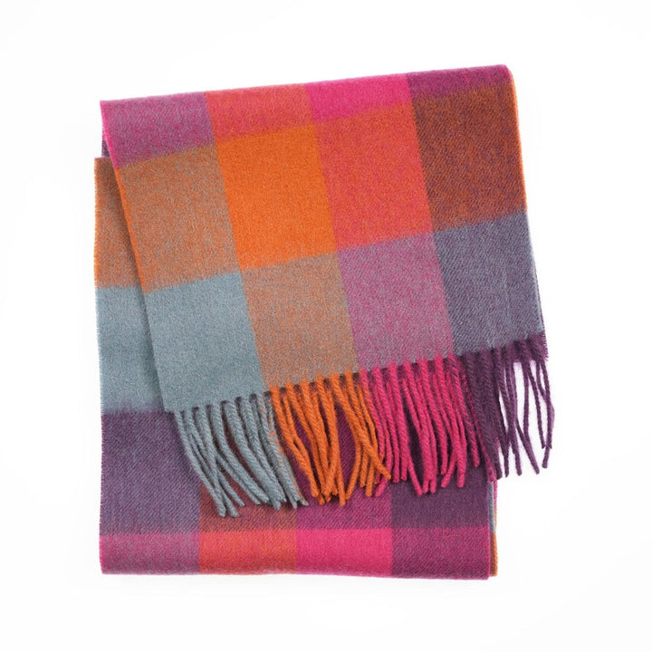 Edinburgh 100% Lambswool Scarf – Premium Soft Wool Wrap - CHECKERS - ORANGE/PINK