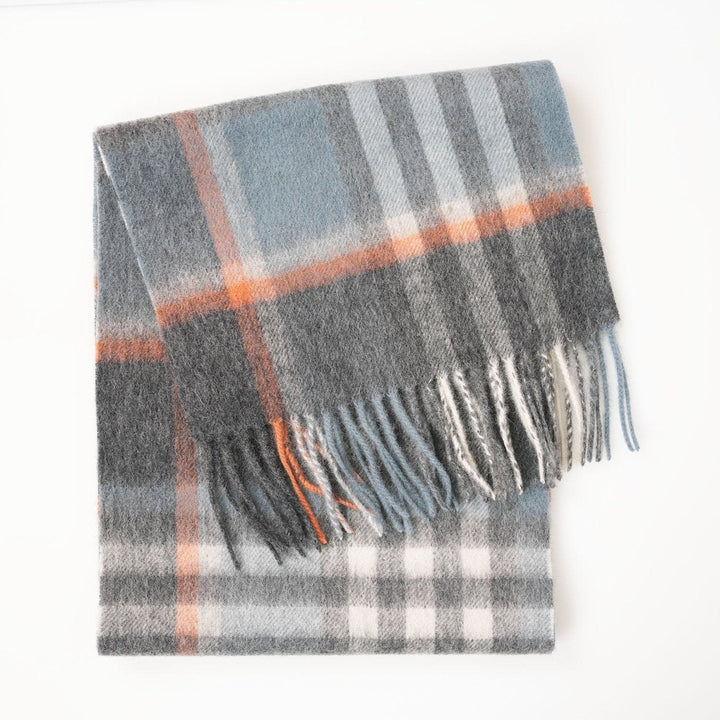 Edinburgh 100% Lambswool Scarf – Premium Soft Wool Wrap - CHEQUER ORANGE GREY L BLUE (24534)