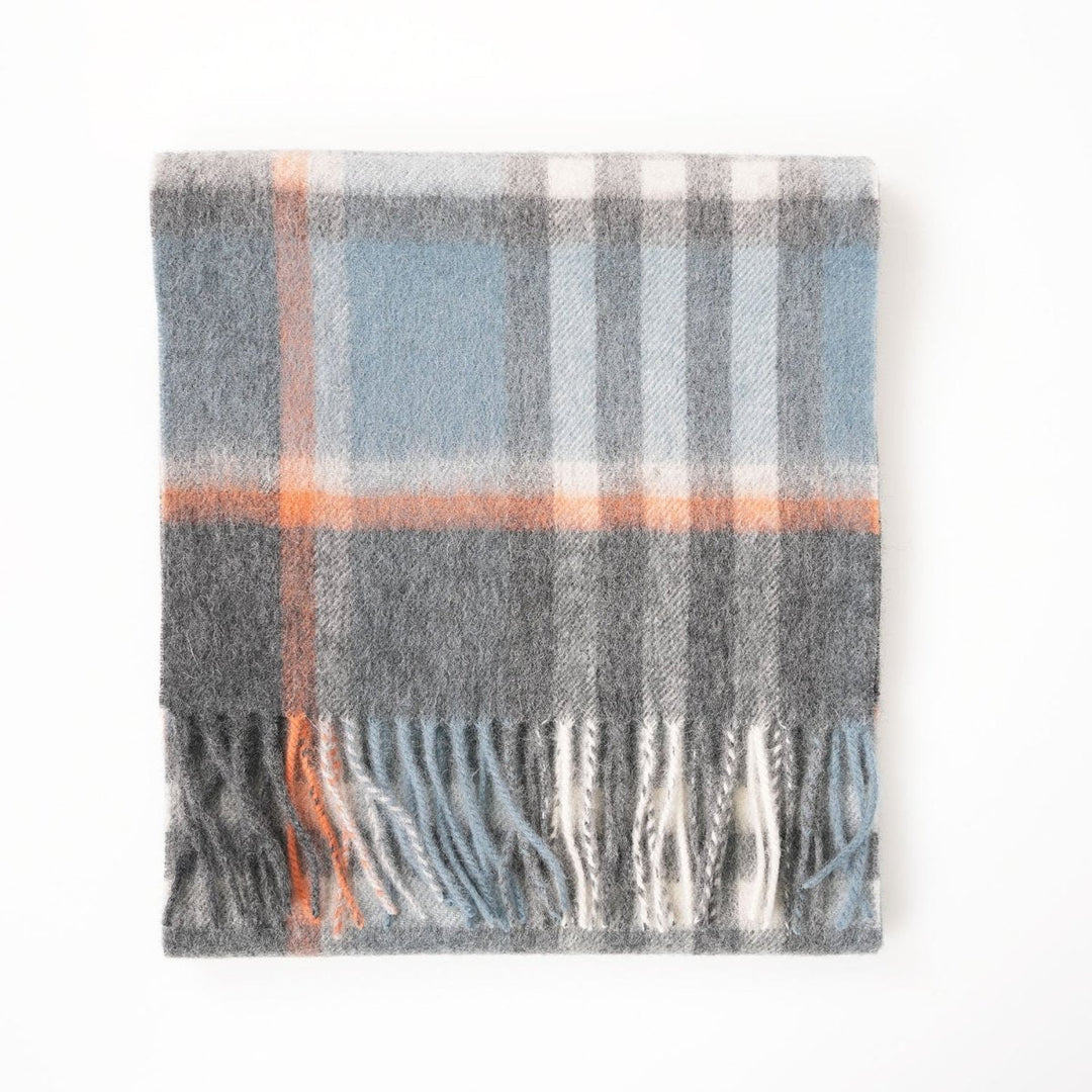 Edinburgh 100% Lambswool Scarf – Premium Soft Wool Wrap - CHEQUER ORANGE GREY L BLUE (24534)