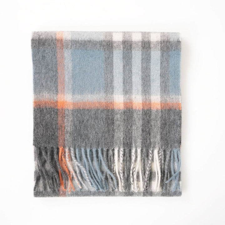 Edinburgh 100% Lambswool Scarf – Premium Soft Wool Wrap - CHEQUER ORANGE GREY L BLUE (24534)