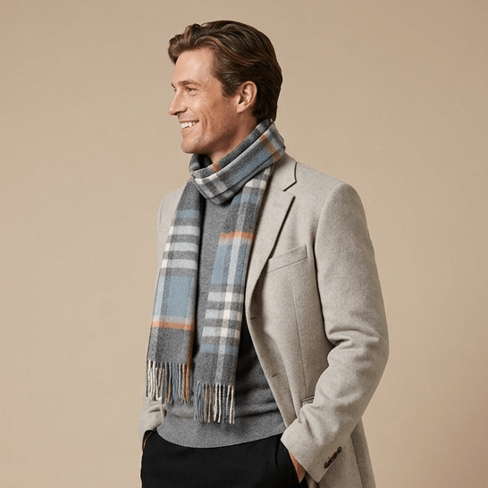 Edinburgh 100% Lambswool Scarf – Premium Soft Wool Wrap - CHEQUER ORANGE GREY L BLUE (24534)