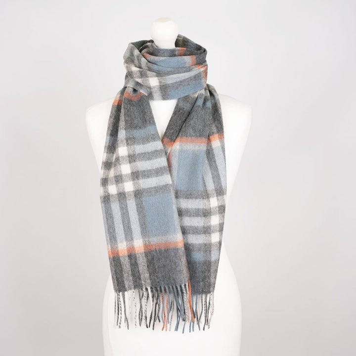 Edinburgh 100% Lambswool Scarf – Premium Soft Wool Wrap - CHEQUER ORANGE GREY L BLUE (24534)