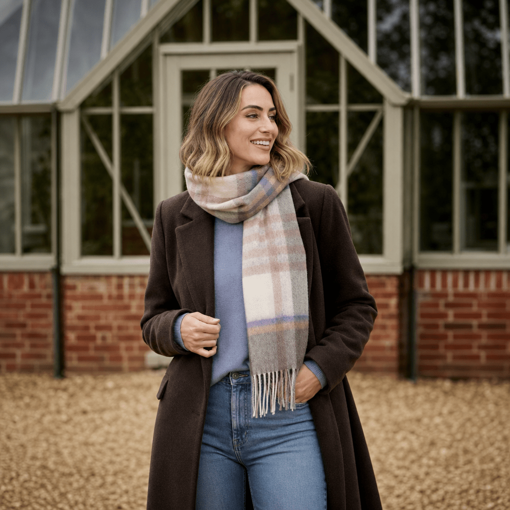 Edinburgh 100% Lambswool Scarf – Premium Soft Wool Wrap - CHEQUER TARTAN BEIGE/ROSE