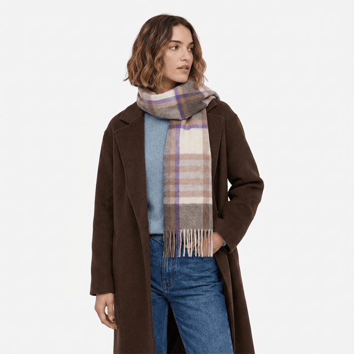 Edinburgh 100% Lambswool Scarf – Premium Soft Wool Wrap - CHEQUER TARTAN BEIGE/ROSE