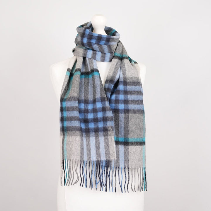 Edinburgh 100% Lambswool Scarf – Premium Soft Wool Wrap - CHEQUER TARTAN BRIGHT BLUE/GREY