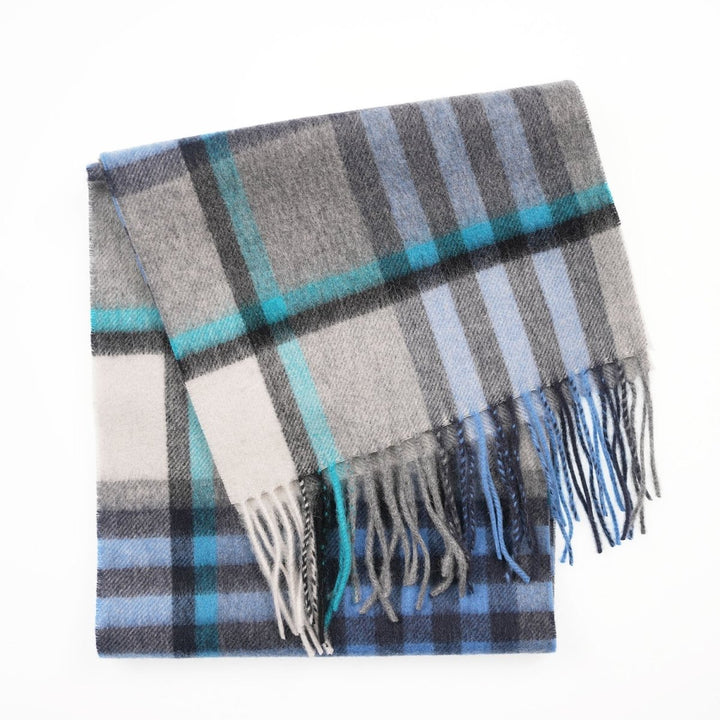Edinburgh 100% Lambswool Scarf – Premium Soft Wool Wrap - CHEQUER TARTAN BRIGHT BLUE/GREY