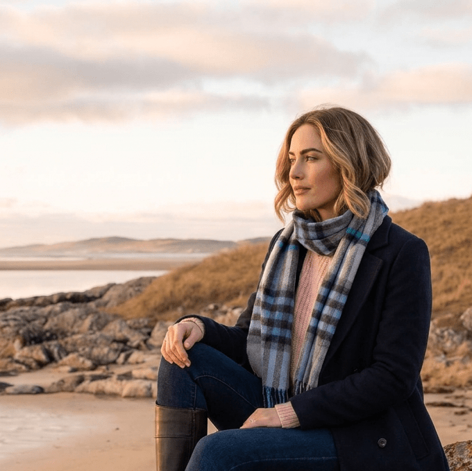 Edinburgh 100% Lambswool Scarf – Premium Soft Wool Wrap - CHEQUER TARTAN BRIGHT BLUE/GREY