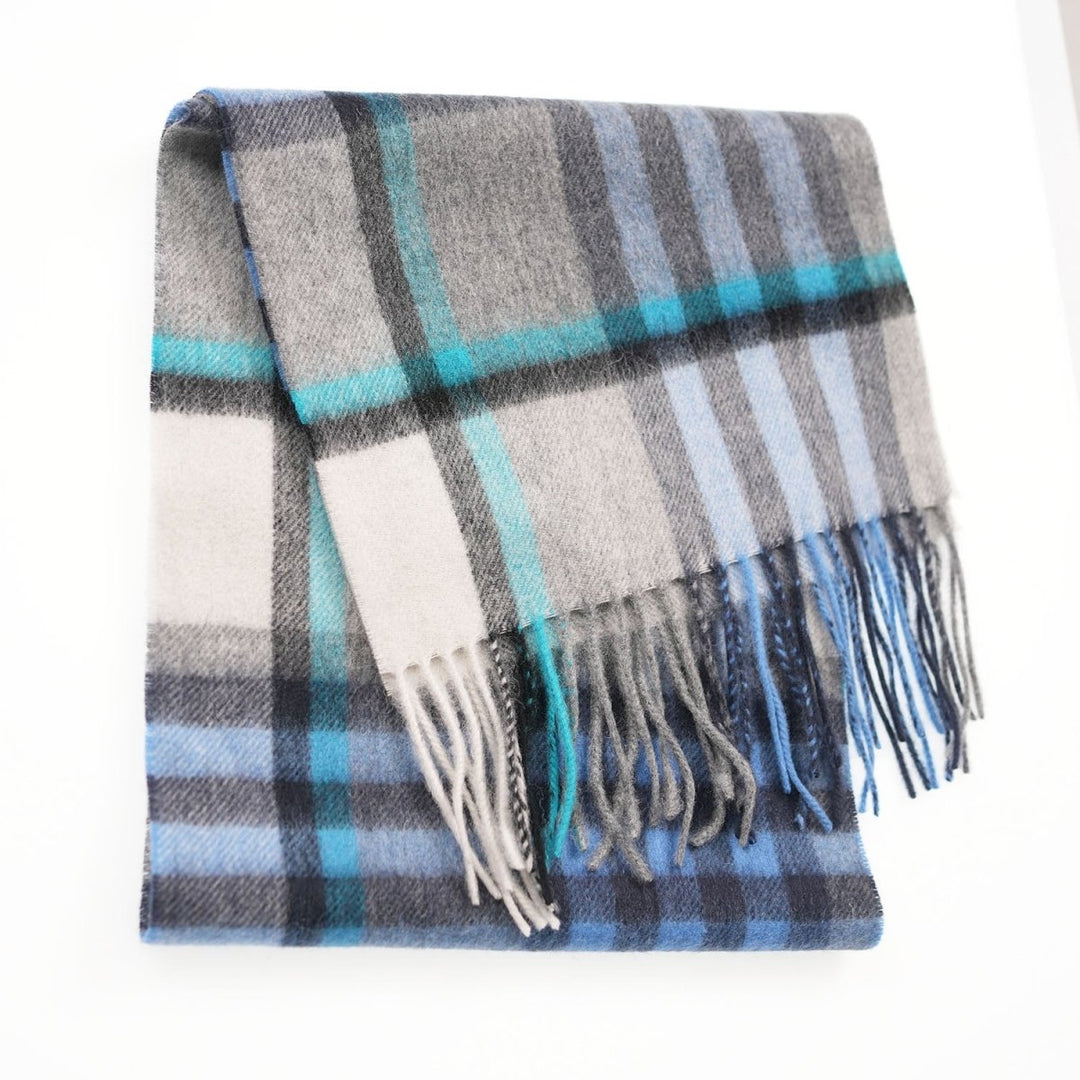 Edinburgh 100% Lambswool Scarf – Premium Soft Wool Wrap - CHEQUER TARTAN BRIGHT BLUE/GREY