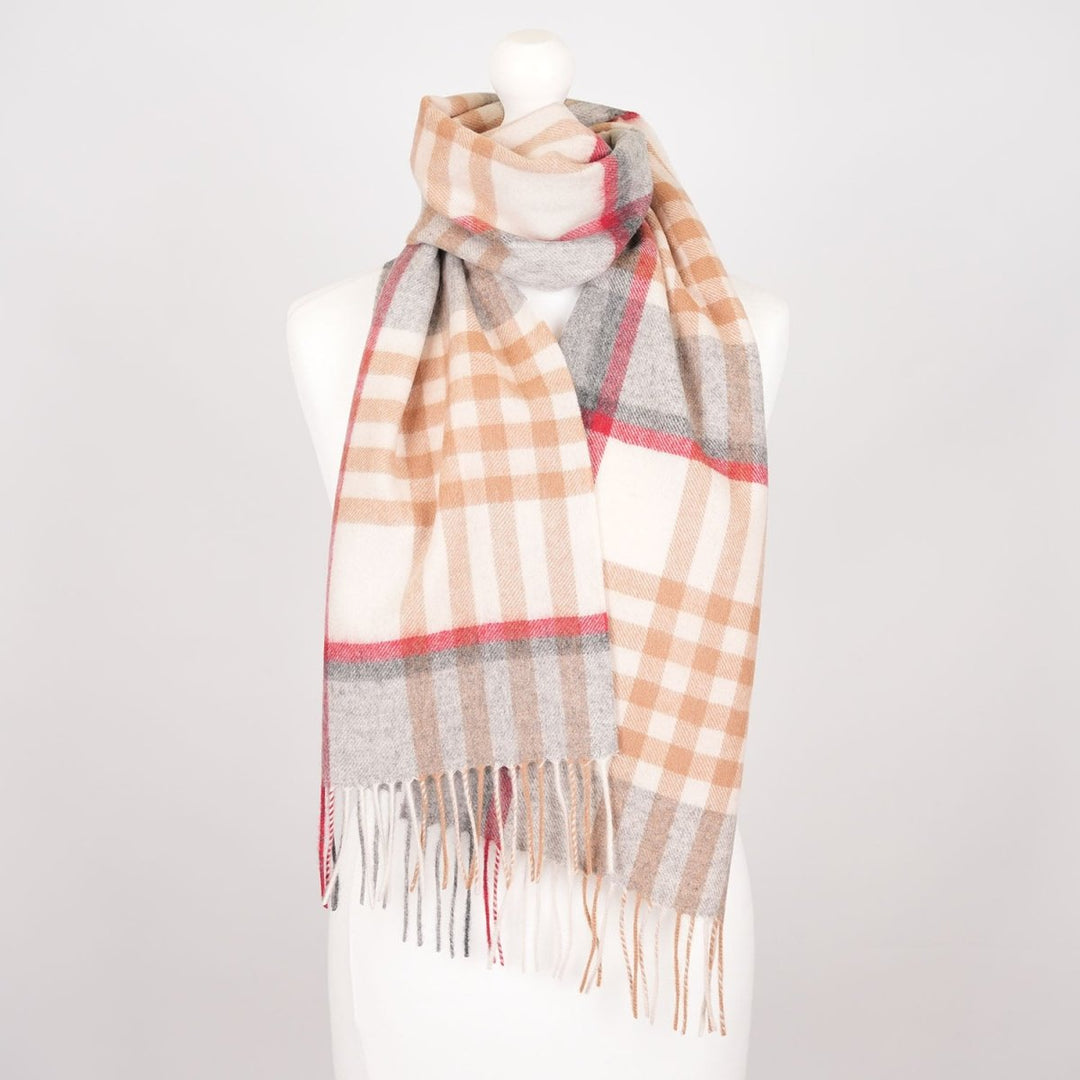 Edinburgh 100% Lambswool Scarf – Premium Soft Wool Wrap - CHEQUER TARTAN LT CAMEL/GREY (24539)